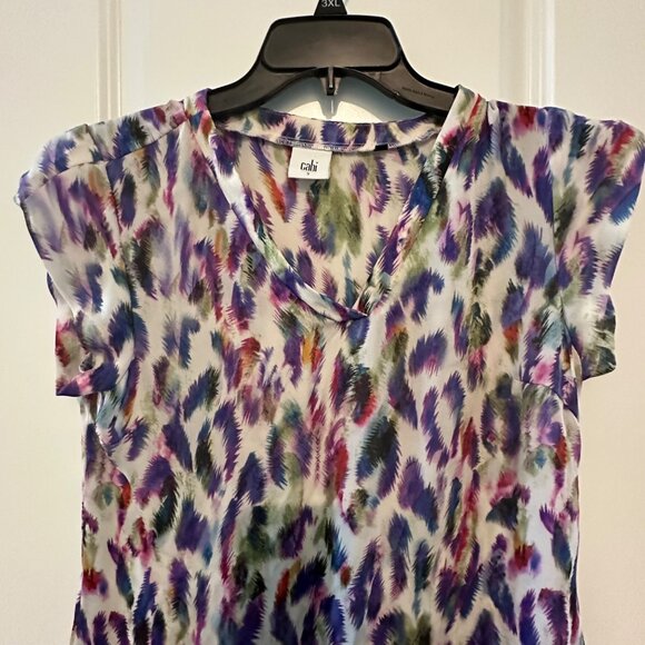 Cabi Womens Multicolor Feather Print V-Neck Short Sleeve Blouse S 100% Polyester - Picture 8 of 9